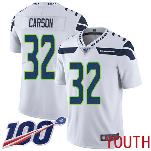 Seattle Seahawks Limited White Youth Chris Carson Road Jersey NFL Football 32 100th Season Vapor Untouchable